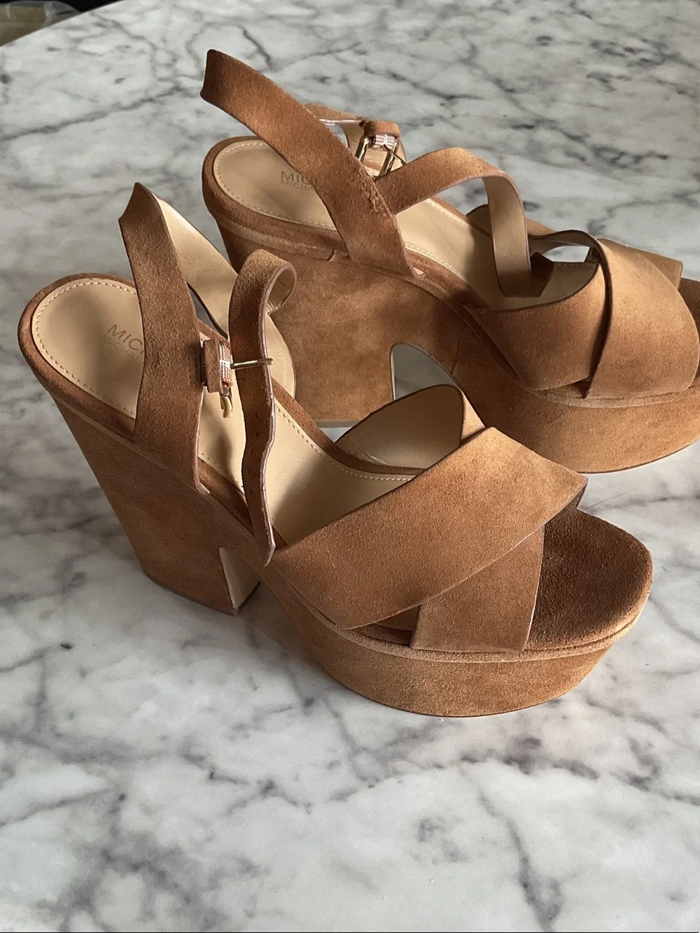 MICHAEL Michael Kors Tan Suede Platform Slingback Sandals